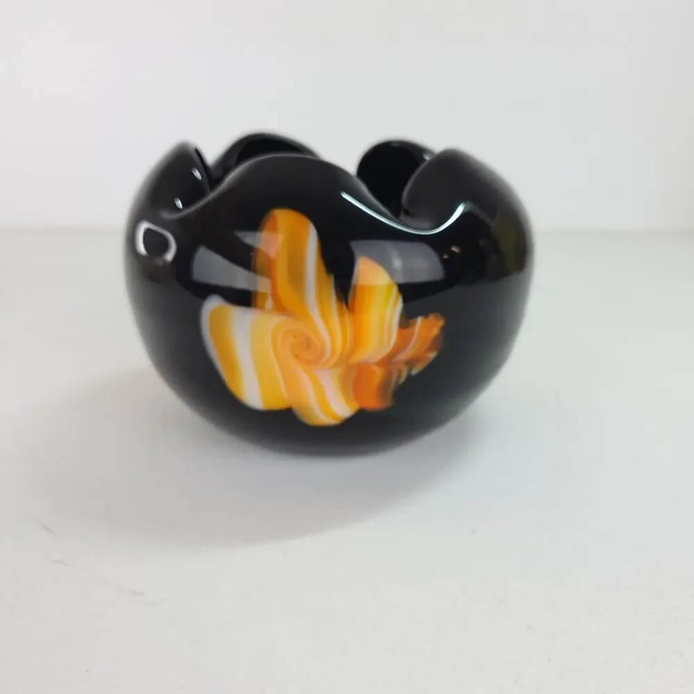 Handblown Studio Art Glass Black Amethyst Yellow Orange Amoeba Dish Bowl 5.5